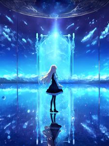 Preview wallpaper girl, portal, reflection, glow, blue, anime