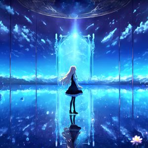 Preview wallpaper girl, portal, reflection, glow, blue, anime