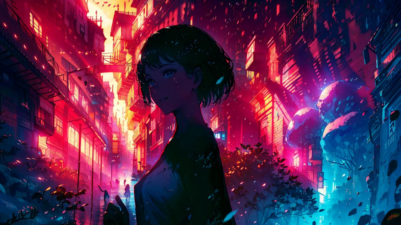 Wallpaper girl, portrait, buildings, dark, anime