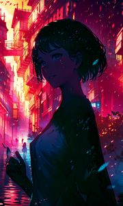 Preview wallpaper girl, portrait, buildings, dark, anime