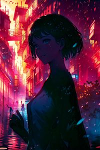 Preview wallpaper girl, portrait, buildings, dark, anime