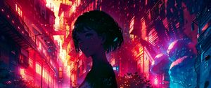 Preview wallpaper girl, portrait, buildings, dark, anime