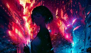 Preview wallpaper girl, portrait, buildings, dark, anime