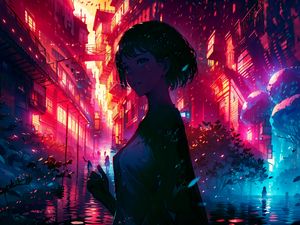 Preview wallpaper girl, portrait, buildings, dark, anime