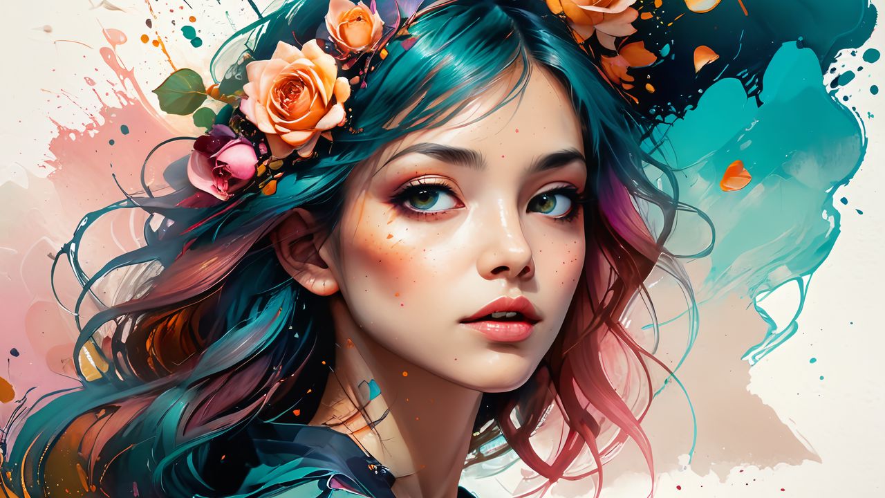 Wallpaper girl, portrait, flowers, paint, art