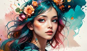 Preview wallpaper girl, portrait, flowers, paint, art