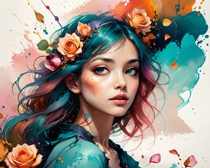 Preview wallpaper girl, portrait, flowers, paint, art