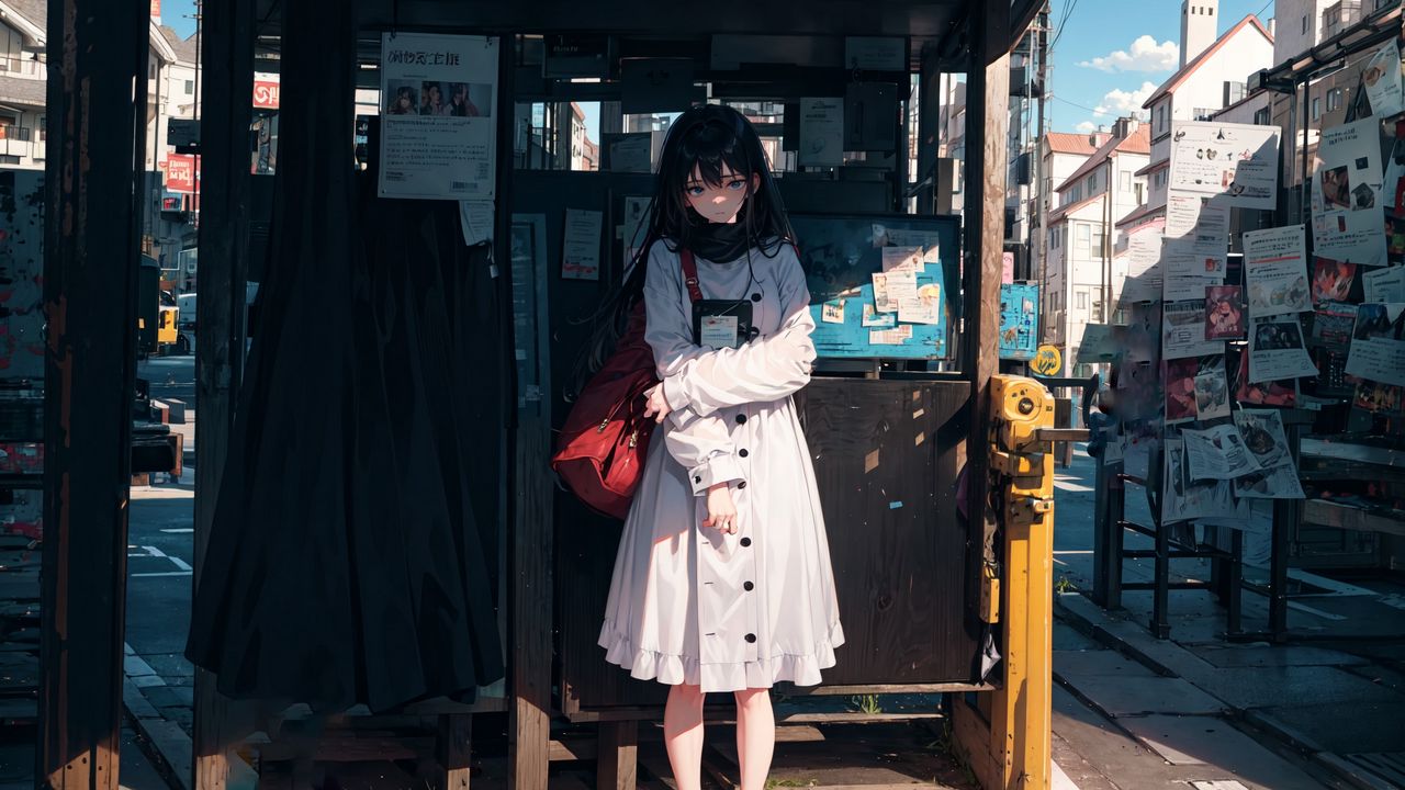 Wallpaper girl, pose, bag, bus stop, anime