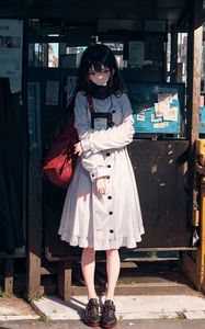 Preview wallpaper girl, pose, bag, bus stop, anime