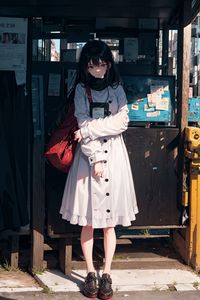 Preview wallpaper girl, pose, bag, bus stop, anime