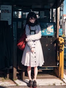 Preview wallpaper girl, pose, bag, bus stop, anime