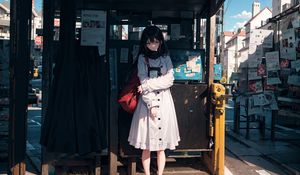 Preview wallpaper girl, pose, bag, bus stop, anime