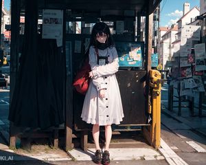 Preview wallpaper girl, pose, bag, bus stop, anime