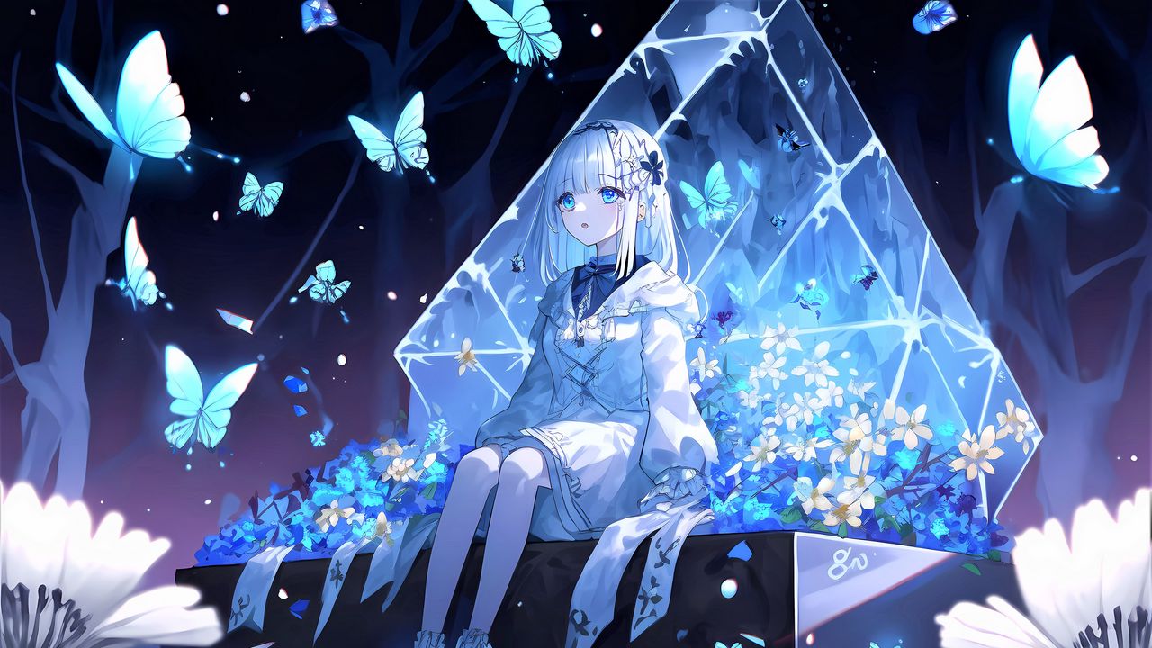 Wallpaper girl, pose, butterflies, flowers, anime