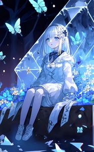 Preview wallpaper girl, pose, butterflies, flowers, anime