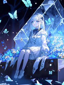 Preview wallpaper girl, pose, butterflies, flowers, anime