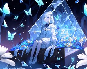 Preview wallpaper girl, pose, butterflies, flowers, anime