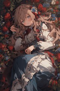 Preview wallpaper girl, pose, flowers, dress, anime, bow