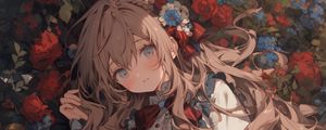 Preview wallpaper girl, pose, flowers, dress, anime, bow