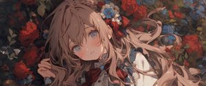 Preview wallpaper girl, pose, flowers, dress, anime, bow