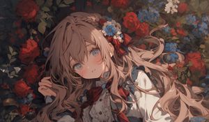 Preview wallpaper girl, pose, flowers, dress, anime, bow