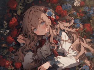 Preview wallpaper girl, pose, flowers, dress, anime, bow