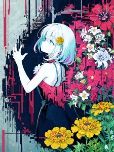 Preview wallpaper girl, pose, flowers, back, anime