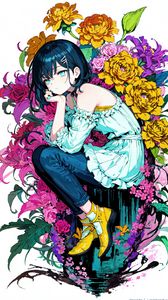 Preview wallpaper girl, pose, flowers, sadness, anime