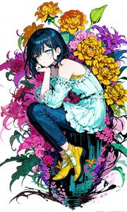 Preview wallpaper girl, pose, flowers, sadness, anime