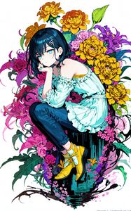 Preview wallpaper girl, pose, flowers, sadness, anime