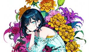 Preview wallpaper girl, pose, flowers, sadness, anime