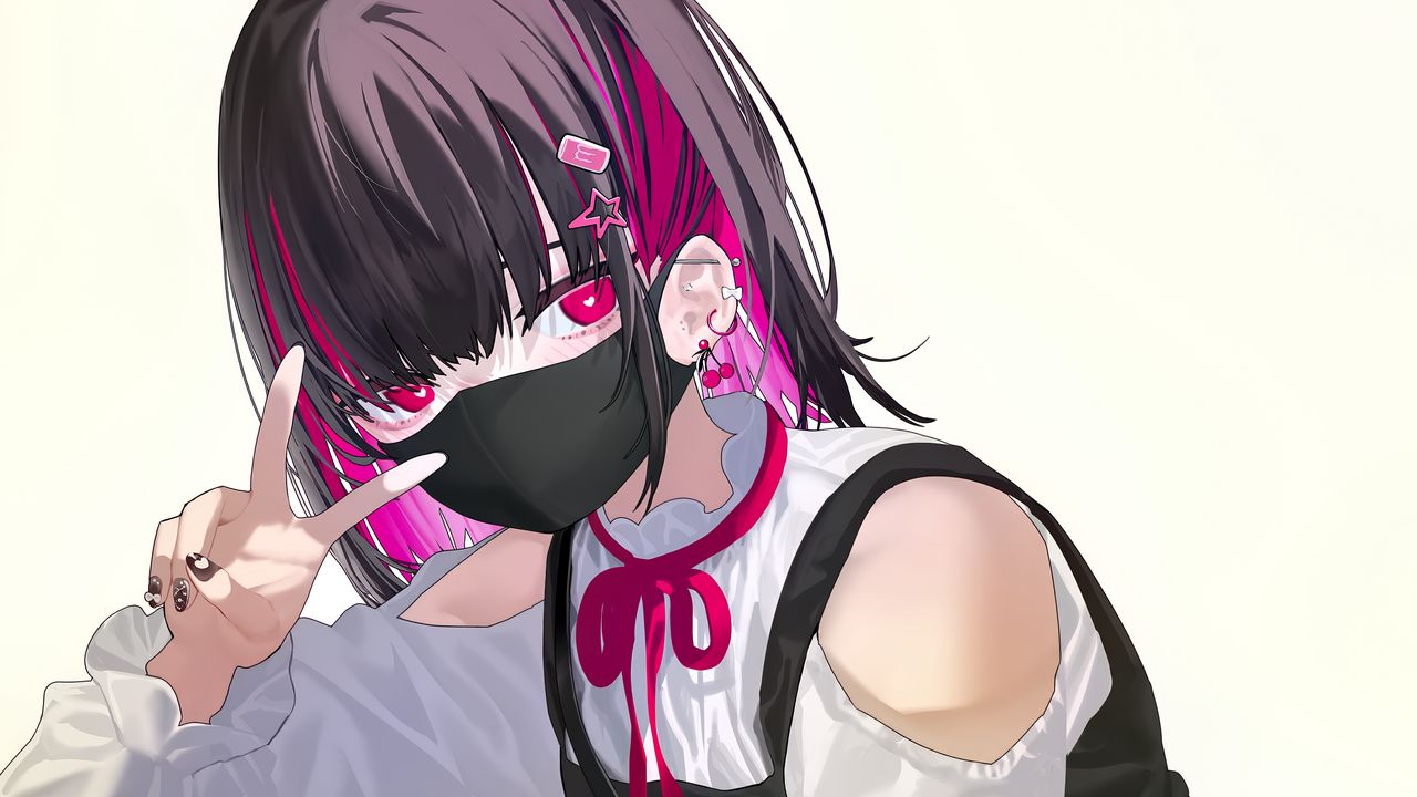 Wallpaper girl, pose, gesture, mask, piercing, anime, art