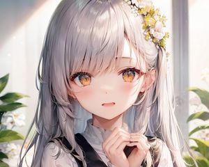 Preview wallpaper girl, pose, hairpin, flowers, anime