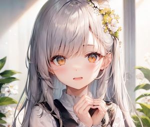 Preview wallpaper girl, pose, hairpin, flowers, anime