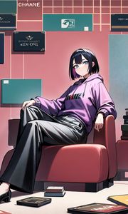 Preview wallpaper girl, pose, hoodie, books, armchair, anime