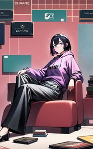 Preview wallpaper girl, pose, hoodie, books, armchair, anime