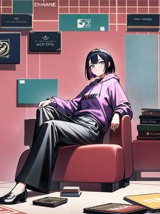 Preview wallpaper girl, pose, hoodie, books, armchair, anime