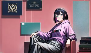 Preview wallpaper girl, pose, hoodie, books, armchair, anime
