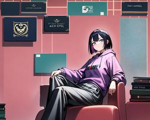 Preview wallpaper girl, pose, hoodie, books, armchair, anime