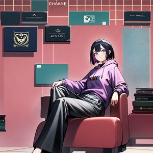 Preview wallpaper girl, pose, hoodie, books, armchair, anime