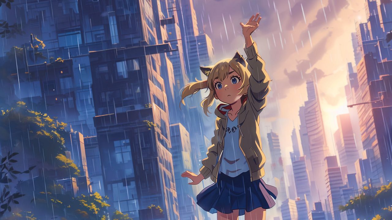 Wallpaper girl, pose, rain, anime
