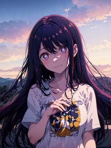 Preview wallpaper girl, pose, smile, stars, clouds, anime