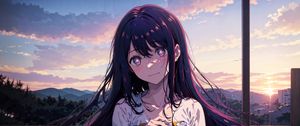 Preview wallpaper girl, pose, smile, stars, clouds, anime