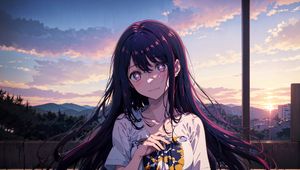 Preview wallpaper girl, pose, smile, stars, clouds, anime