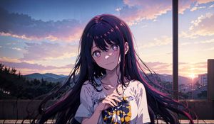 Preview wallpaper girl, pose, smile, stars, clouds, anime