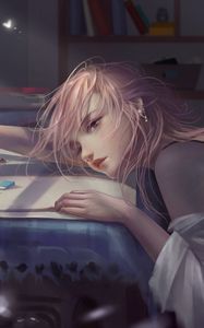 Preview wallpaper girl, pose, table, sadness, art