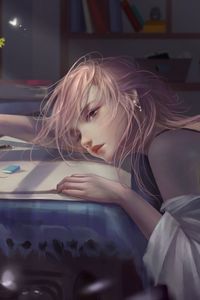 Preview wallpaper girl, pose, table, sadness, art