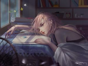 Preview wallpaper girl, pose, table, sadness, art