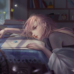 Preview wallpaper girl, pose, table, sadness, art