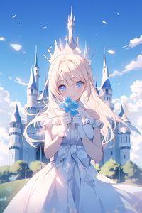 Preview wallpaper girl, princess, bouquet, dress, castle, anime